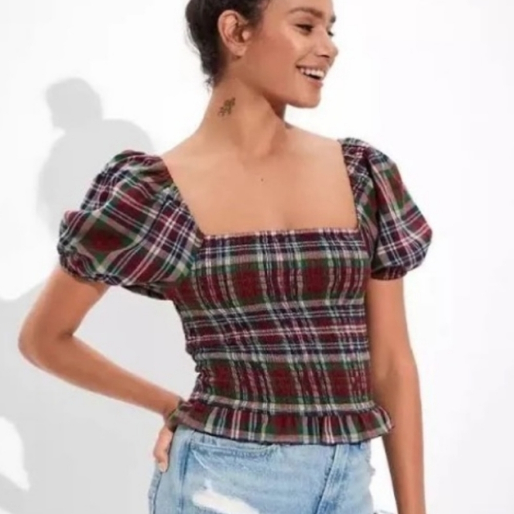 American Eagle Plaid Maroon Smocked Puff Sleeve Blouse XL